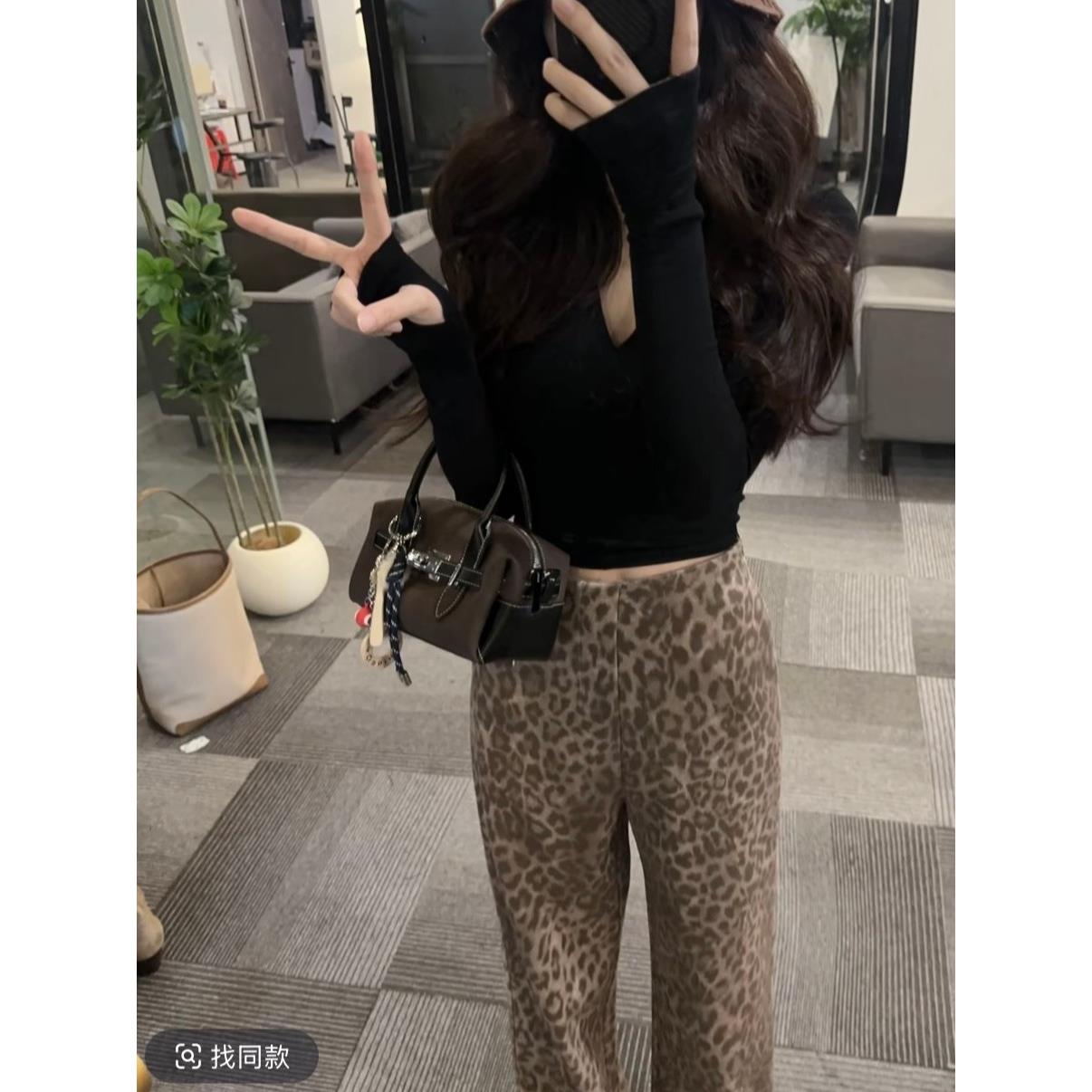 JOYIASS韩系一整套ootd早秋穿搭套装女秋冬长袖t恤上衣豹纹阔腿裤