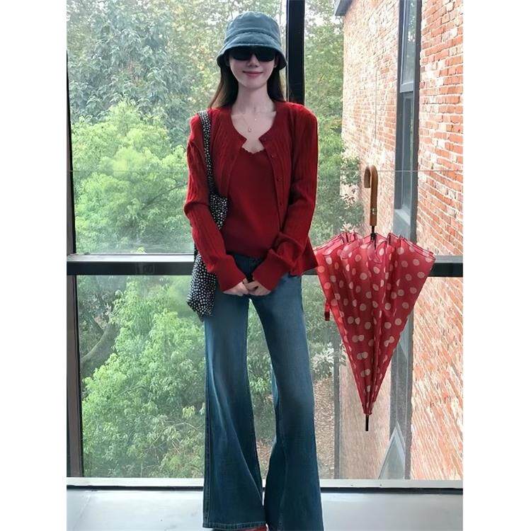 JOYIASS韩系巨好看的早秋穿搭套装女秋冬针织开衫背心两件套牛仔