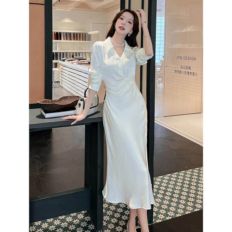 JOYIASS高级感长袖早秋穿搭v领衬衫连衣裙女秋季褶皱收腰显瘦鱼尾