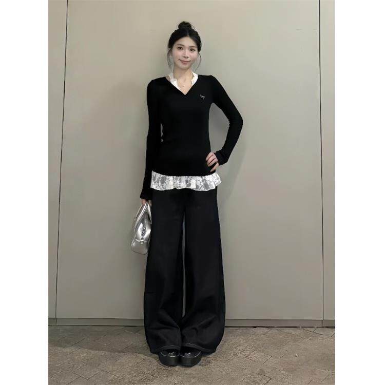 JOYIASS高级感超火ootd韩系穿搭一整套女秋冬黑色针织衫上衣牛仔