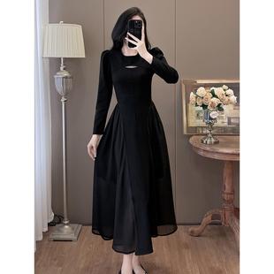 JOYIASS赫本风黑色长袖雪纺连衣裙女秋冬独特别致高级感收腰显瘦