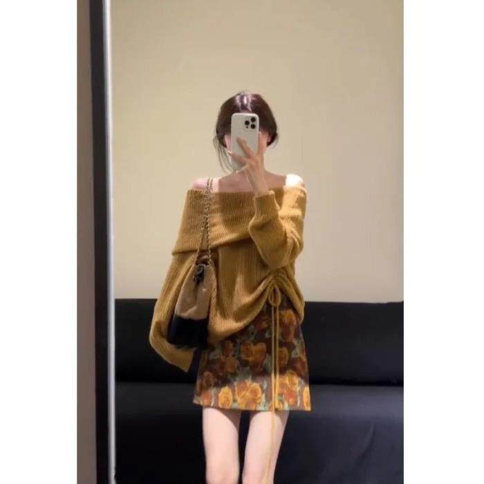 JOYIASS韩系早秋今年流行爆款一整套女秋季长袖露肩针织衫碎花半