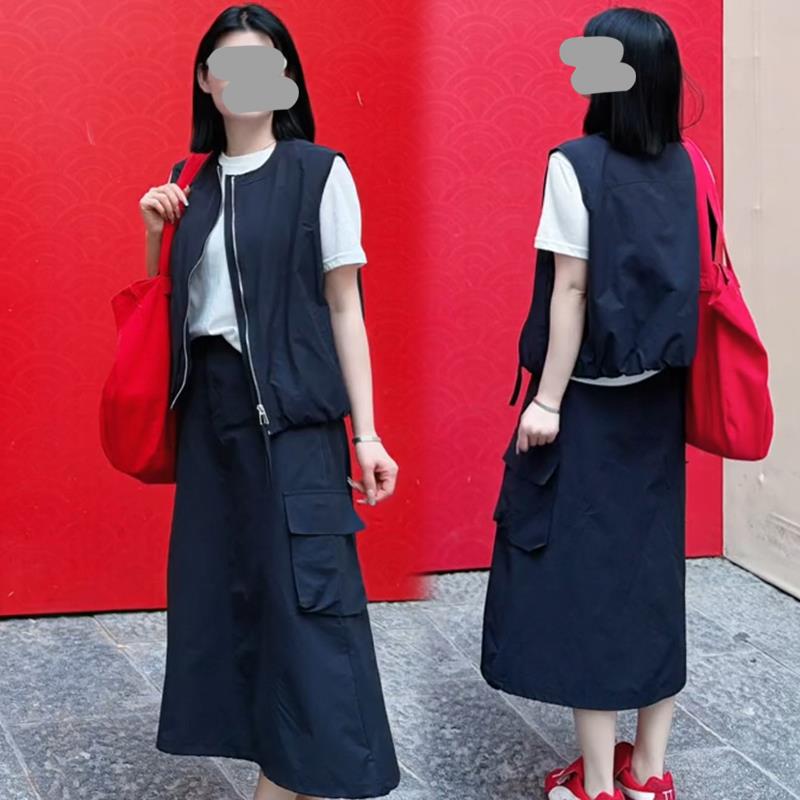 RIERA欧洲站休闲工装马甲T恤半身裙套装女2025新款慵懒风叠穿三件