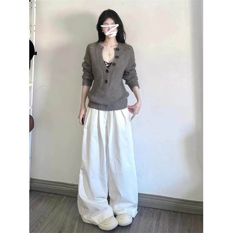 JOYIASS韩系穿搭灰色毛衣针织衫阔腿裤女秋冬高级感chic上衣时尚