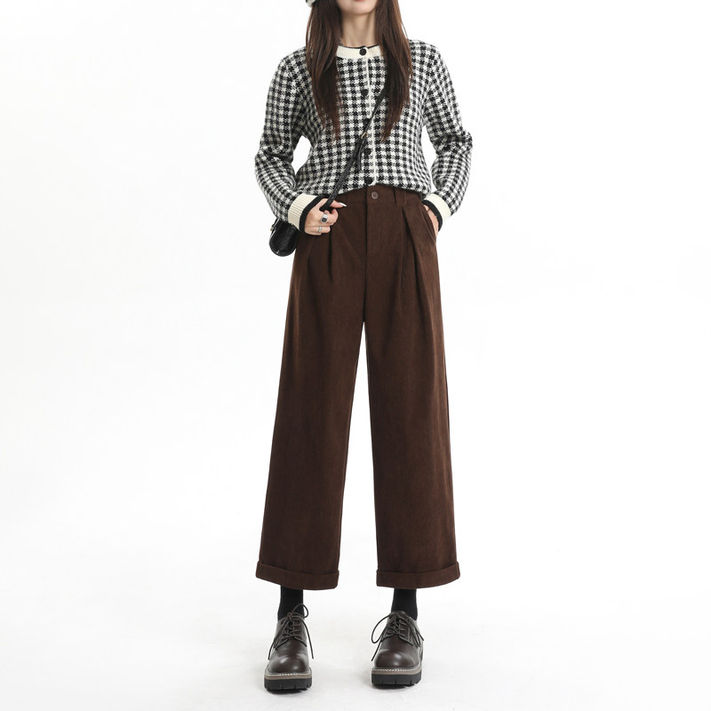 咖色灯芯绒九分阔腿裤女春秋新款高腰褶皱时尚百搭卷边休闲直筒裤,女装/女士精品,休闲裤,淘宝优惠券,粉丝福利购,淘宝优惠卷