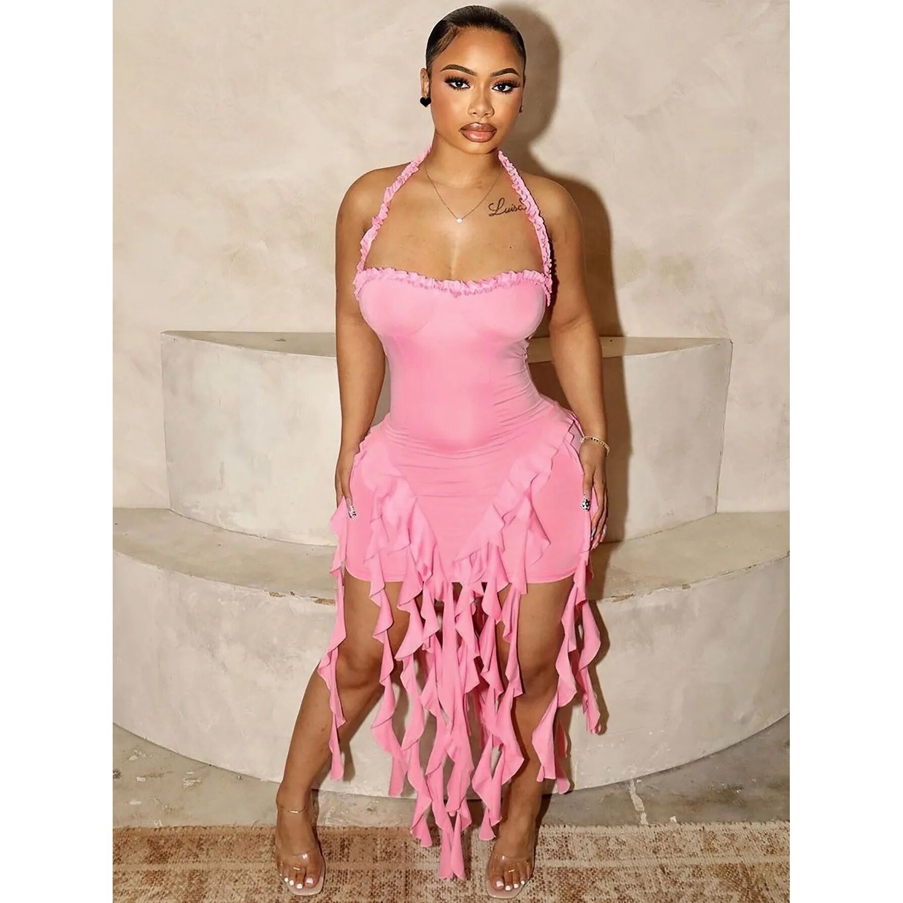 挂脖无袖露背包臀不规则连衣裙Sleeveless Halter Bodycon Dress - 实物图