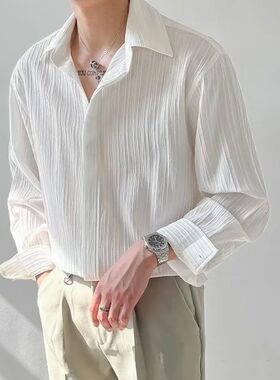 男士条纹宽松长袖休闲衬衫上衣