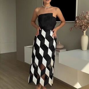 女士时尚撞色抹胸性感欧美风连衣裙Sexy Color Block Tube Dress