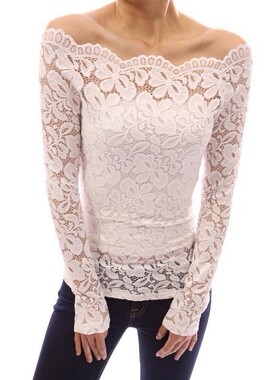 Off Shoulder Long Sleeve Cutout Lace Shirt露肩镂空蕾丝打底衫