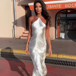 欧美风挂脖流苏修身长款礼服裙Elegant Back Split Halter Gown