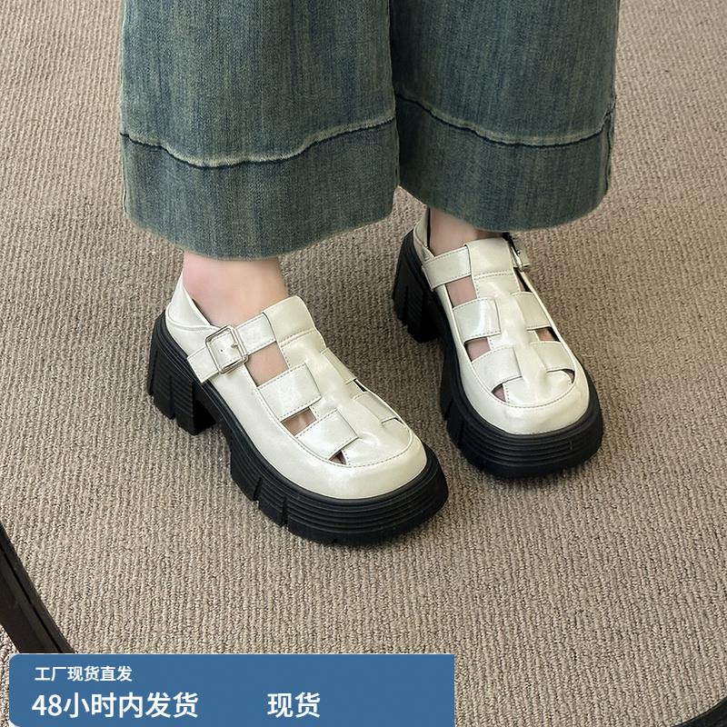 小众镂空罗马凉鞋女单鞋子2025夏季新款松糕厚底包头猪笼鞋小皮鞋