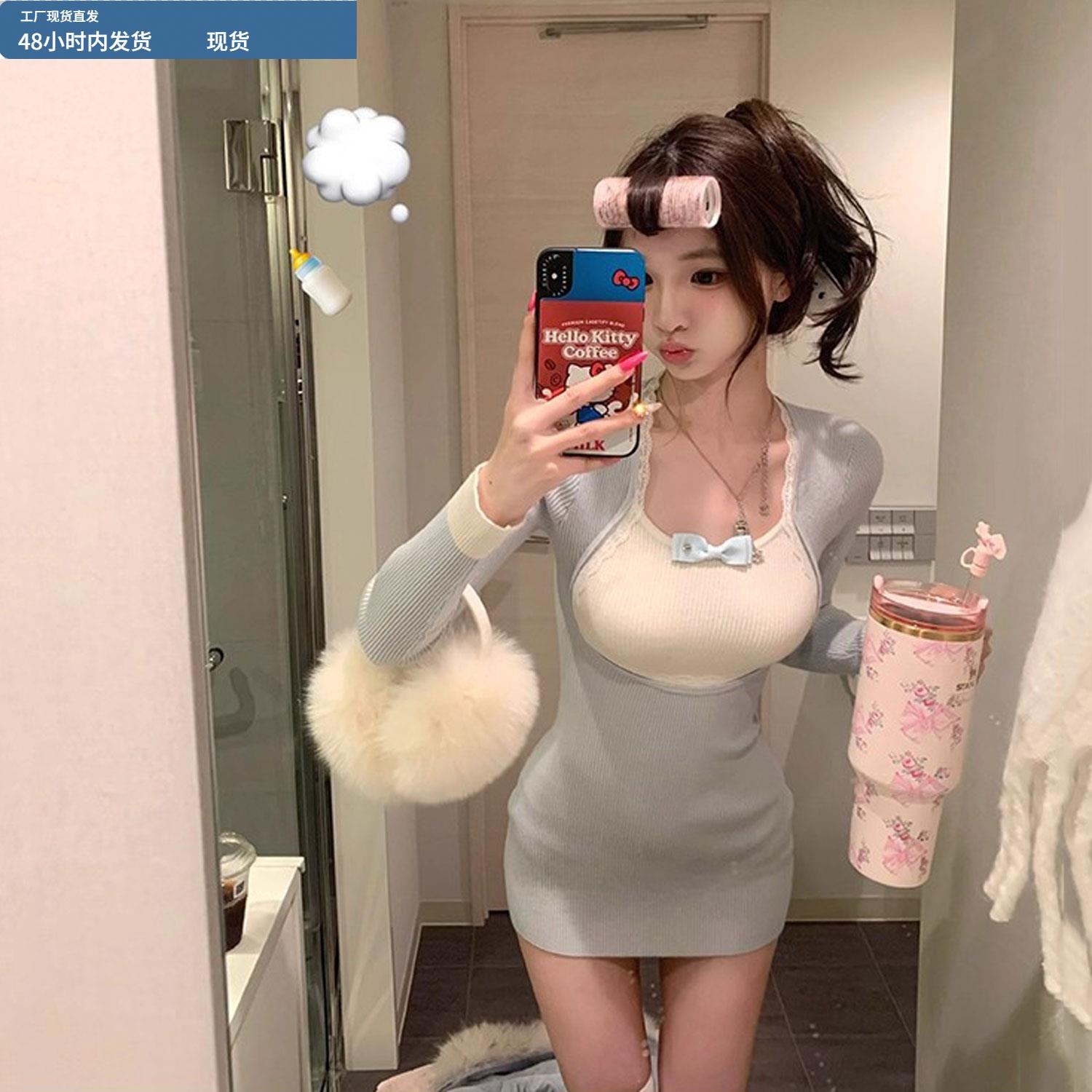 纯欲性感辣妹假两件针织连衣裙女秋冬设计感修身显瘦内搭包臀短裙