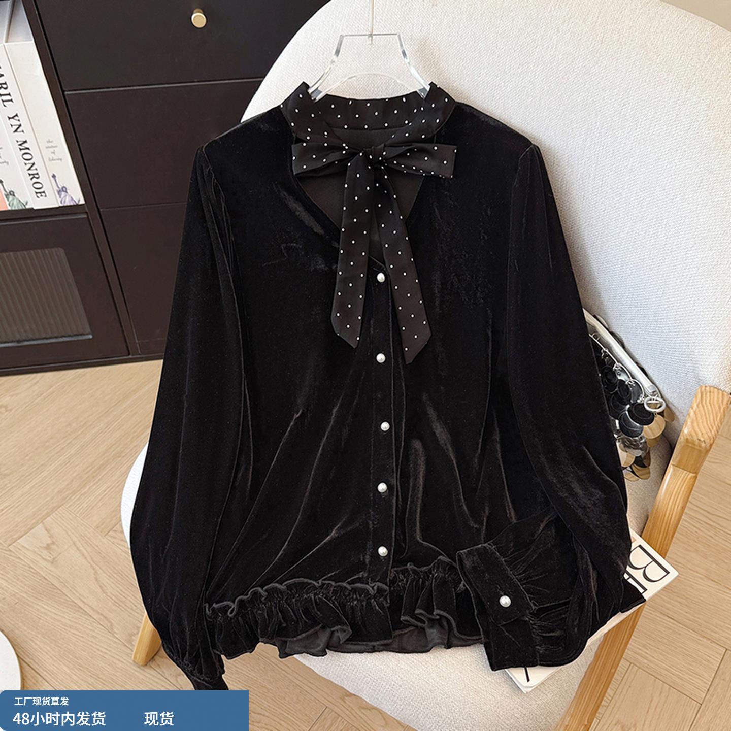 法式复古V领波点飘带丝绒衬衫女秋季赫本风气质木耳边打底衫上衣