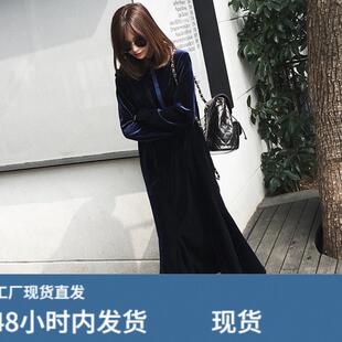 丝绒连衣裙女春秋长款大摆裙2026新款显瘦遮肉气质裙连帽鱼尾裙
