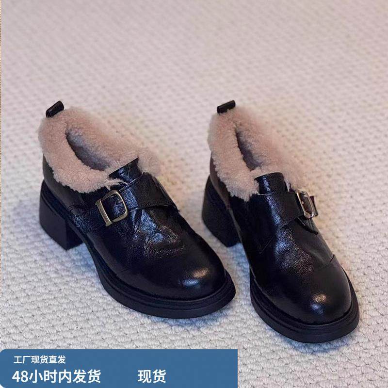 英伦风厚底小皮鞋女冬季加绒高跟棉鞋乐福鞋雪地靴粗跟保暖毛毛鞋