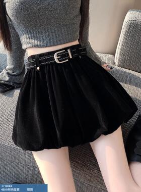 黑色金丝绒花苞短裙女秋冬2025新款高腰显瘦a字半身裙蓬蓬灯笼裙