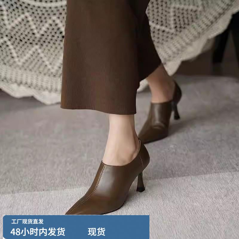 深口高跟鞋女秋冬2025新款细跟尖头棕色羊皮法式小踝靴气质女鞋