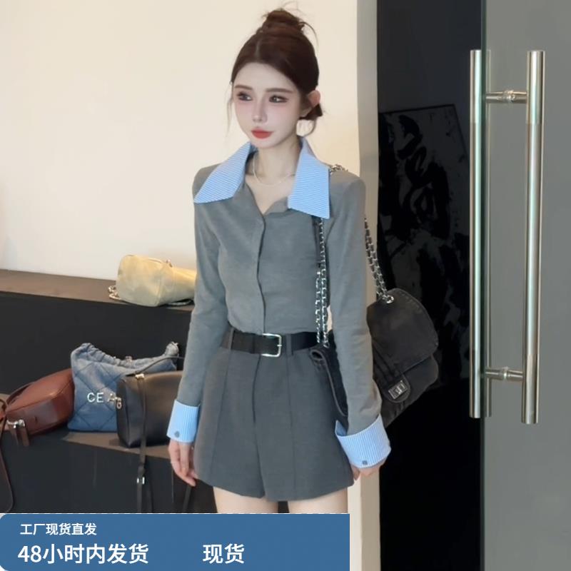 韩版时尚polo领撞色拼接假两件衬衫女秋冬2025新款洋气单排扣上衣