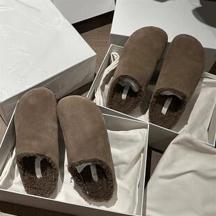 保暖加绒毛毛棉拖鞋 女外穿新款 懒人一脚蹬博肯半拖 包头勃肯鞋 韩版