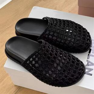 2025新款 外穿厚底镂空一脚蹬懒人凉拖女 真皮手工编织复古包头拖鞋