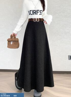 加绒加厚黑色毛呢半身裙女秋冬2025新款高腰a字伞裙加厚半身长裙