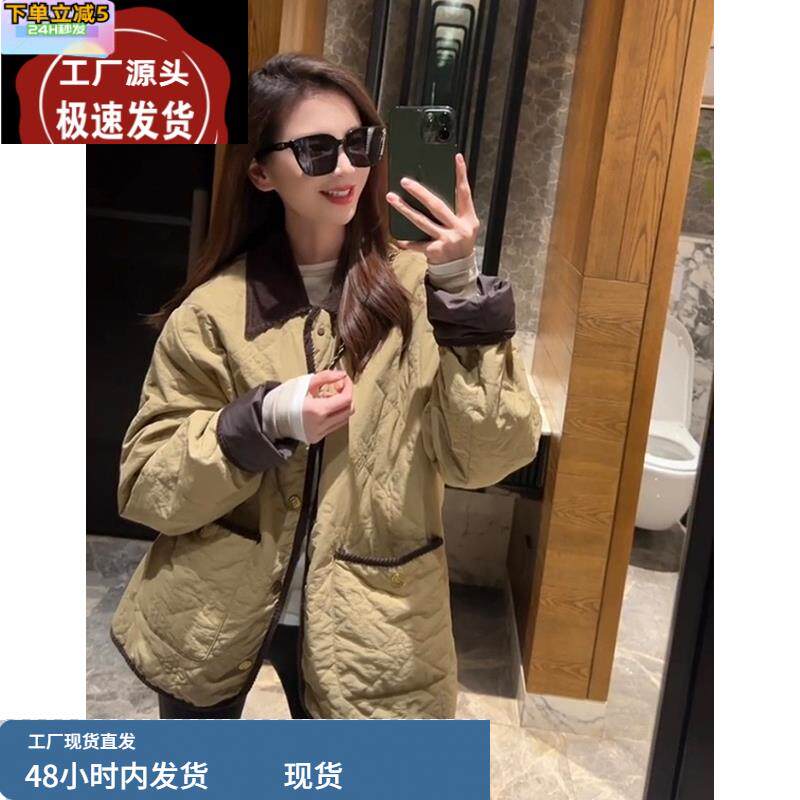 撞色拼接新款poIo领加厚棉服小个子休闲百搭时尚单排扣中长款外套