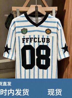 美式球衣风V领短袖T恤女夏季欧货条纹撞色宽松显瘦休闲运动上衣潮