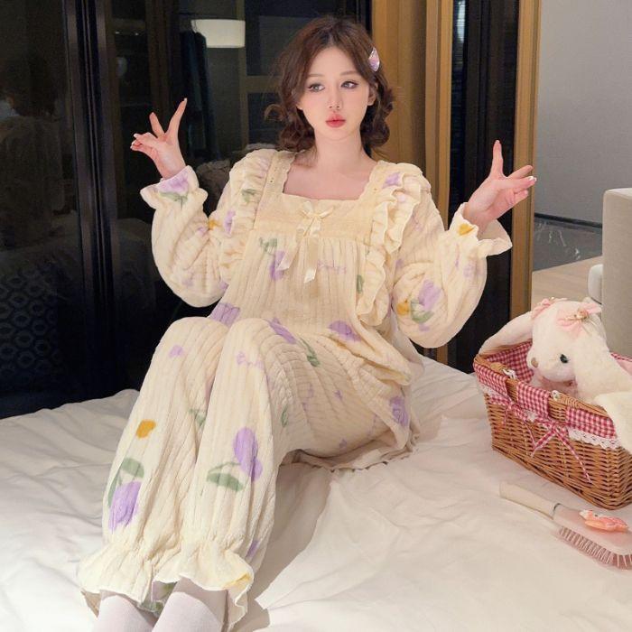 睡衣冬季花边绒公主风长袖长裤加绒加厚甜美可爱学生家居服女套装