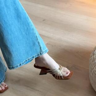 高跟鞋 女外穿气质百搭真皮一字凉拖鞋 细带坡跟罗马拖鞋 2025年新款