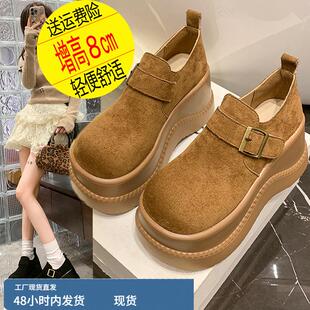 厚底勃肯鞋女2025春季新款复古皮带扣一脚蹬8cm增高跟全包小皮鞋