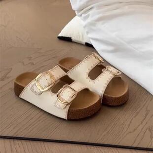 百搭凉鞋 牛皮版 一脚蹬拖鞋 女2025新款 厚底增高一字带凉拖勃肯鞋