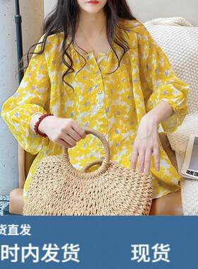 黄色v领灯笼袖碎花衬衫女夏季2026新款时尚韩版洋气宽松百搭上衣