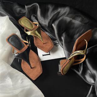 小众低跟超柔软人字拖百搭休闲夹趾凉拖鞋 牛皮版 坡跟4cm设计师款