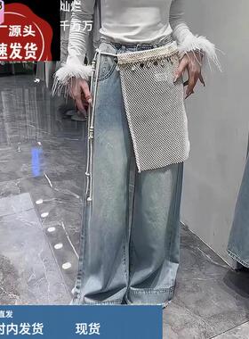 浅蓝色阔腿牛仔裤女2025新款夏季梨型身材慵懒松弛感直筒拖地裤子