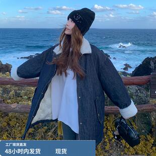 羊羔毛拼接牛仔羽绒服内胆女冬加厚外套巨好看韩系独特超火白鸭绒