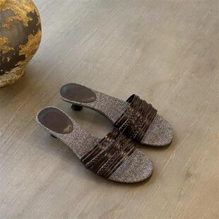 外穿休闲沙滩气质半拖 百搭真皮一字拖猫跟拖鞋 复古露趾凉拖鞋 新款