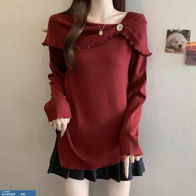 一字肩红色针织打底衫女秋冬大码胖mm独特漂亮减龄遮肚子内搭上衣