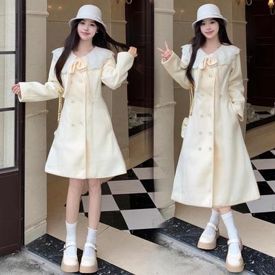 高级感娃娃领连衣裙女秋冬季大码胖MM气质收腰显瘦毛呢大衣外套潮