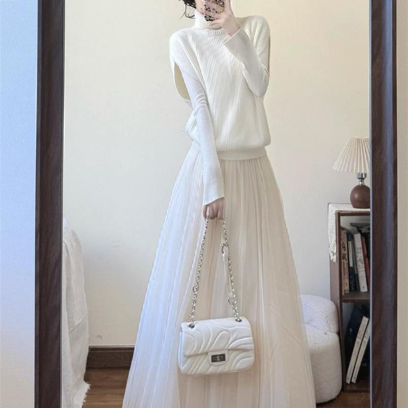 秋季清冷富家千金穿搭重要场合轻奢高级感巨好看的白色连衣裙套装