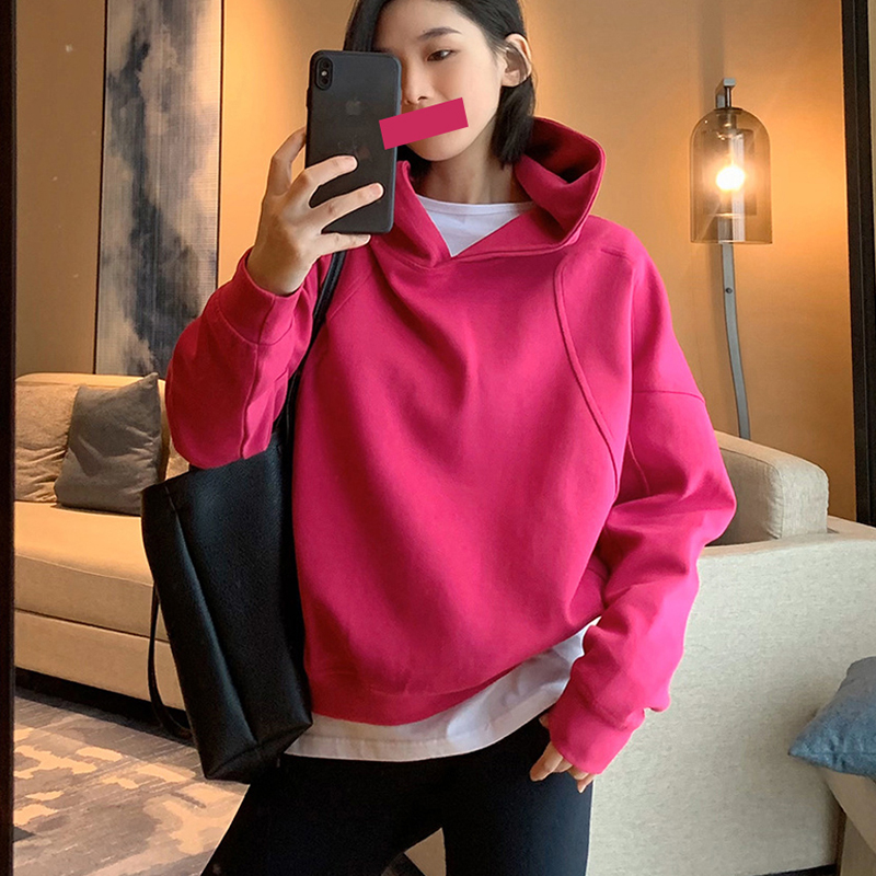 加绒加厚宽松小个子火龙果色卫衣