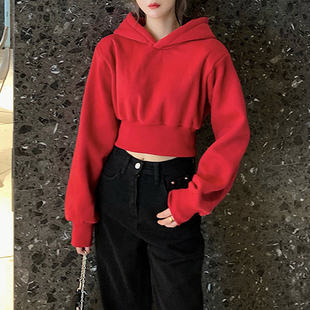 美式复古加绒红色短款连帽卫衣女小个子秋冬新款套头高腰宽松上衣