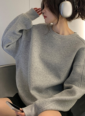 巨好看的灰色套头圆领加绒卫衣女款秋冬宽松韩版慵懒风小个子上衣