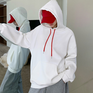 加绒加厚白色连帽卫衣女款秋冬2025新款小个子宽松韩系慵懒风上衣