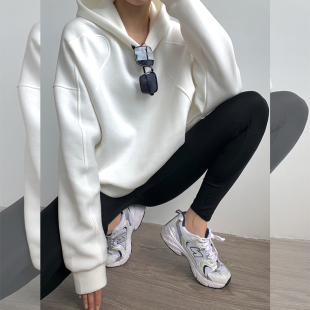 短款 加绒加厚宽松休闲韩系套头上衣 连帽白色卫衣女小个子秋冬新款