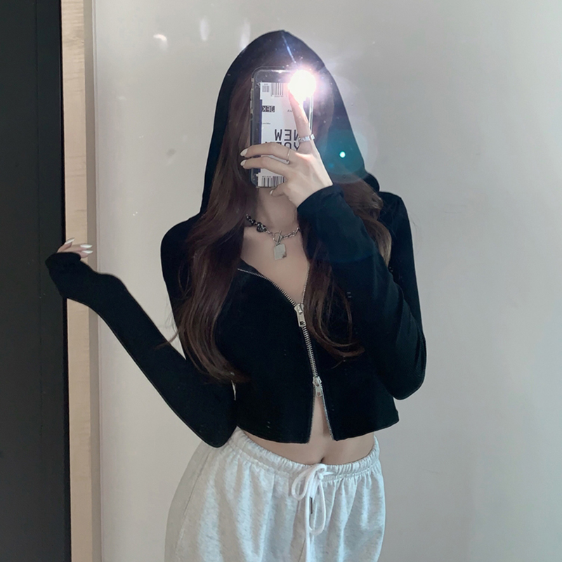 双拉链开衫短款黑色长袖t恤