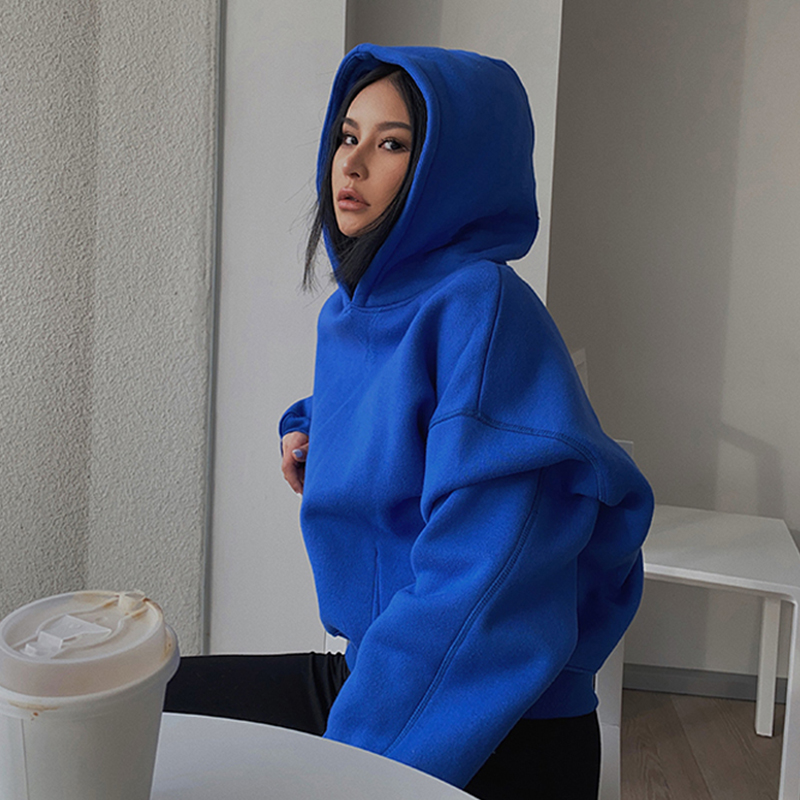 美式克莱因蓝短款连帽卫衣
