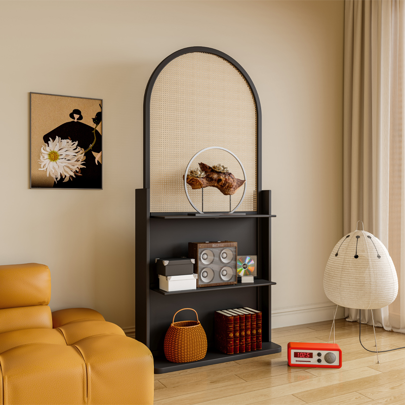 法式复古藤编实木屏风隔断中古客厅装饰小户型玄关遮挡玻璃置物架