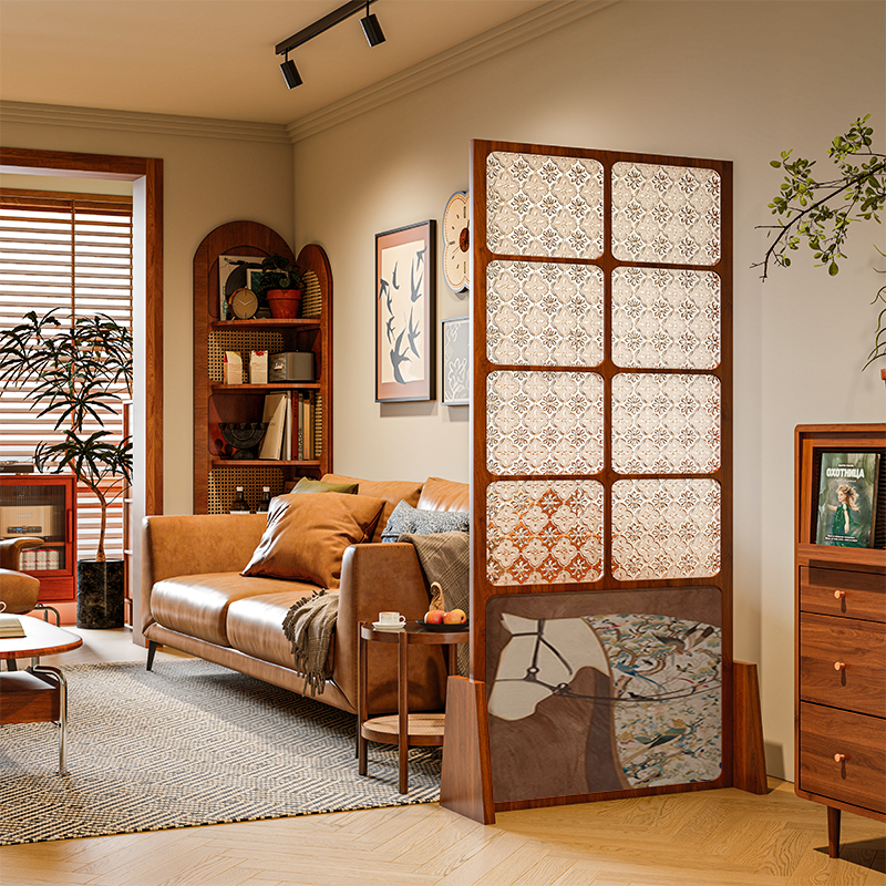 法式复古海棠花玻璃实木屏风隔断客厅装饰卧室可移动遮挡骏马座屏