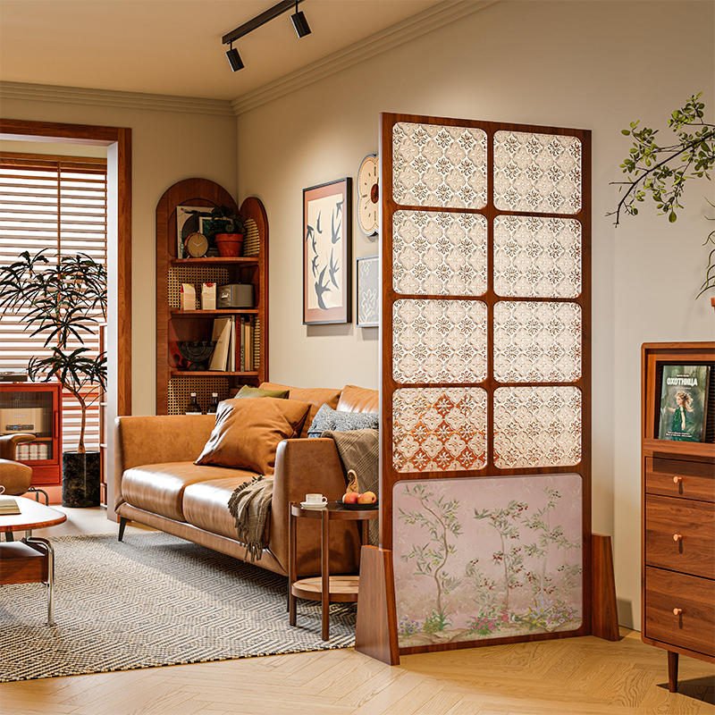 法式复古海棠花玻璃实木屏风隔断客厅装饰卧室可移动遮挡座屏花鸟