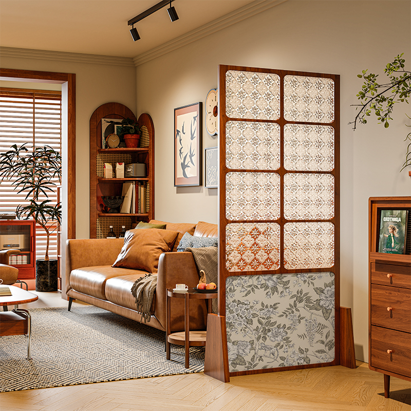 法式复古海棠花玻璃实木屏风隔断客厅装饰卧室可移动遮挡花卉座屏